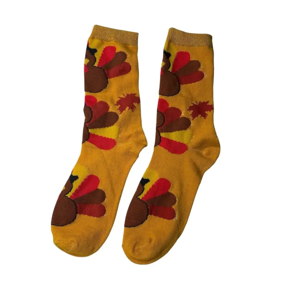 Turkey Red Brown Orange Harvest Yellow Thanksgiving Crew Socks